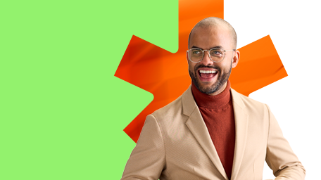 Employé de BDC dans une pose dynamique sur fond vert et feuille orange