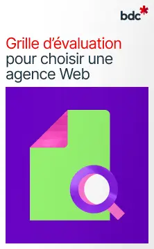 Illustration d'un document vert et d'une loupe avec le texte Grille d'évaluation pour choisir une agence Web
