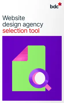 Illustration of a green document and magnifying glass with the text Website design agency selection tool