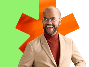 BDC employee in a dynamic pose on a green background and orange leaf