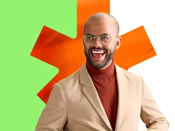 BDC employee in a dynamic pose on a green background and orange leaf